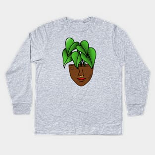 Dark Skinned Tropical Plant Person with Face Tattoos and Septum Piercing Kids Long Sleeve T-Shirt